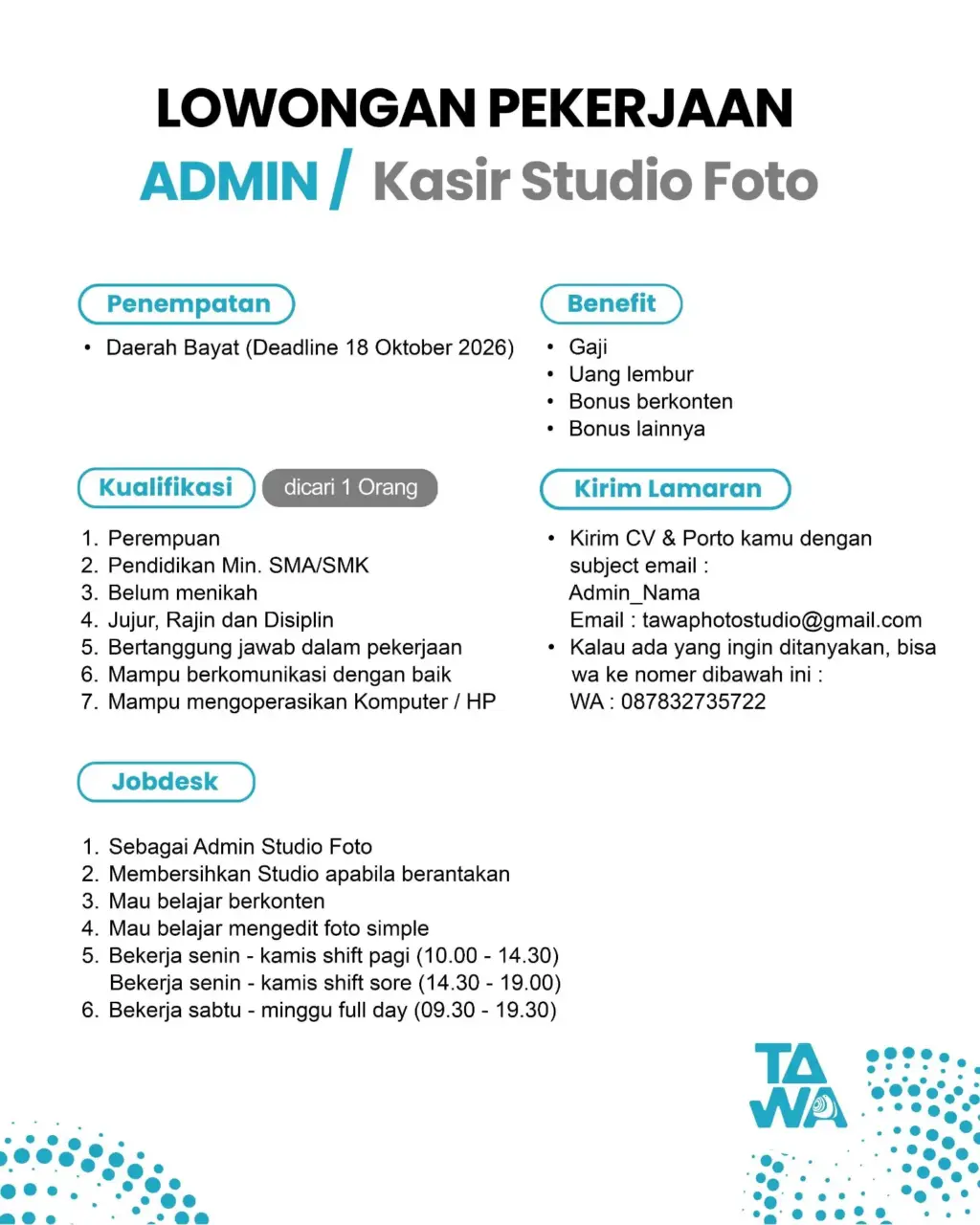 Poster Lowongan Kerja TAWA Photo Studio Slide 2