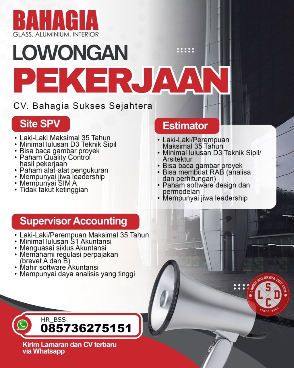 Poster Lowongan Kerja CV. Bahagia Sukses Sejahtera Slide 2