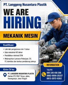 Lowongan Kerja di PT. Langgeng Nusantara Plastik (5 Posisi (Kepala Produksi Mesin Pelet Plastik, Mekanik Mesin, dll)) – Karanganyar