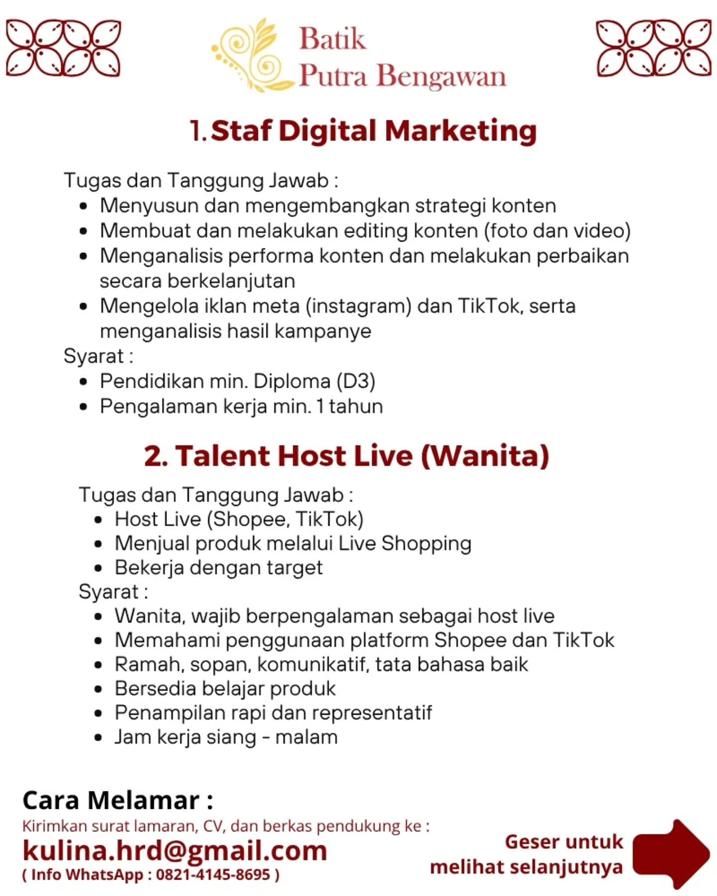 Poster Lowongan Kerja Batik Putra Bengawan Slide 2