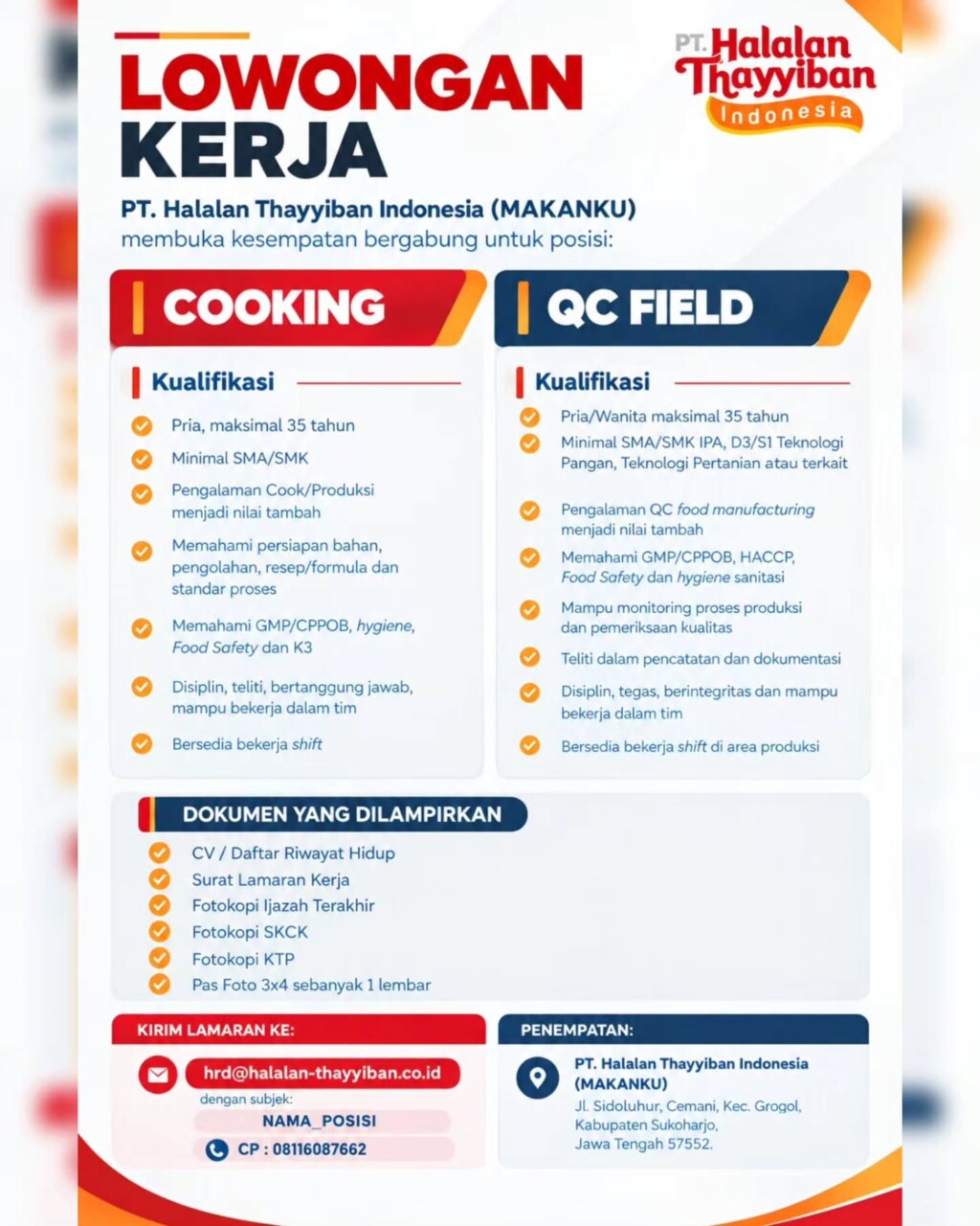 Poster Lowongan Kerja PT. Halalan Thayyiban Indonesia (MAKANANKU) Slide 2