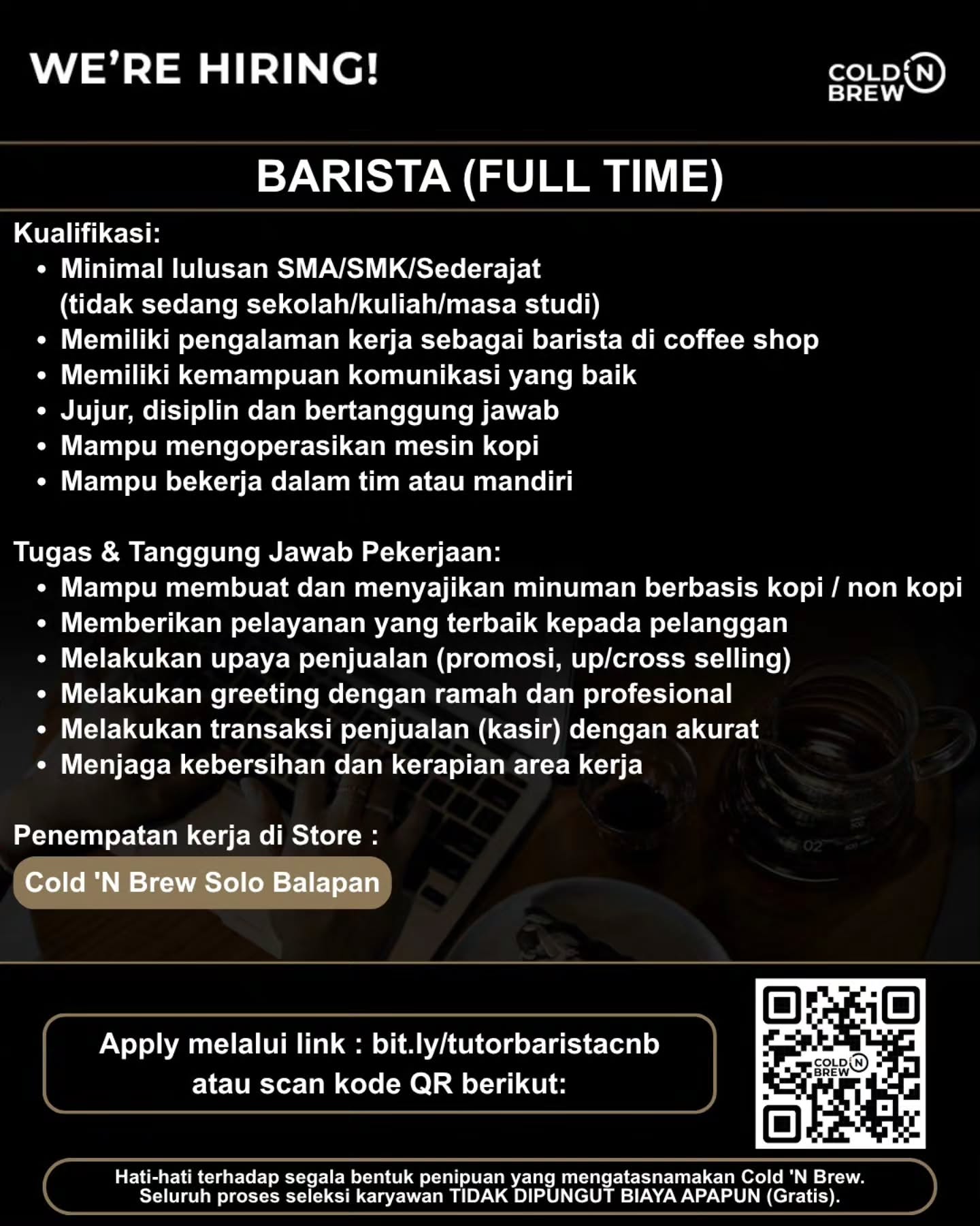 Poster Lowongan Kerja Cold 'N Brew Coffee Co. / PT. CEMERLANG NUSANTARA BERSAMA Slide 2