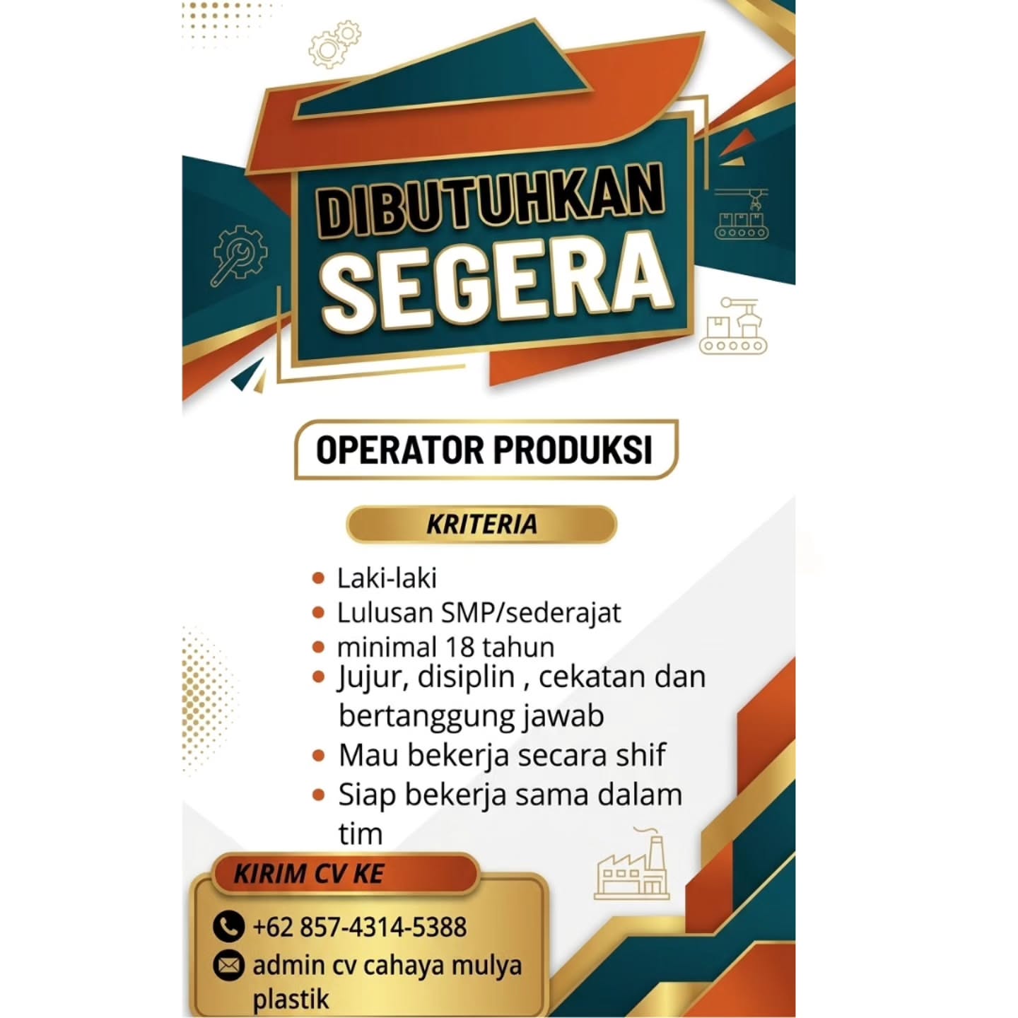 Poster Lowongan Kerja CV Cahaya Mulya Plastik Slide 2