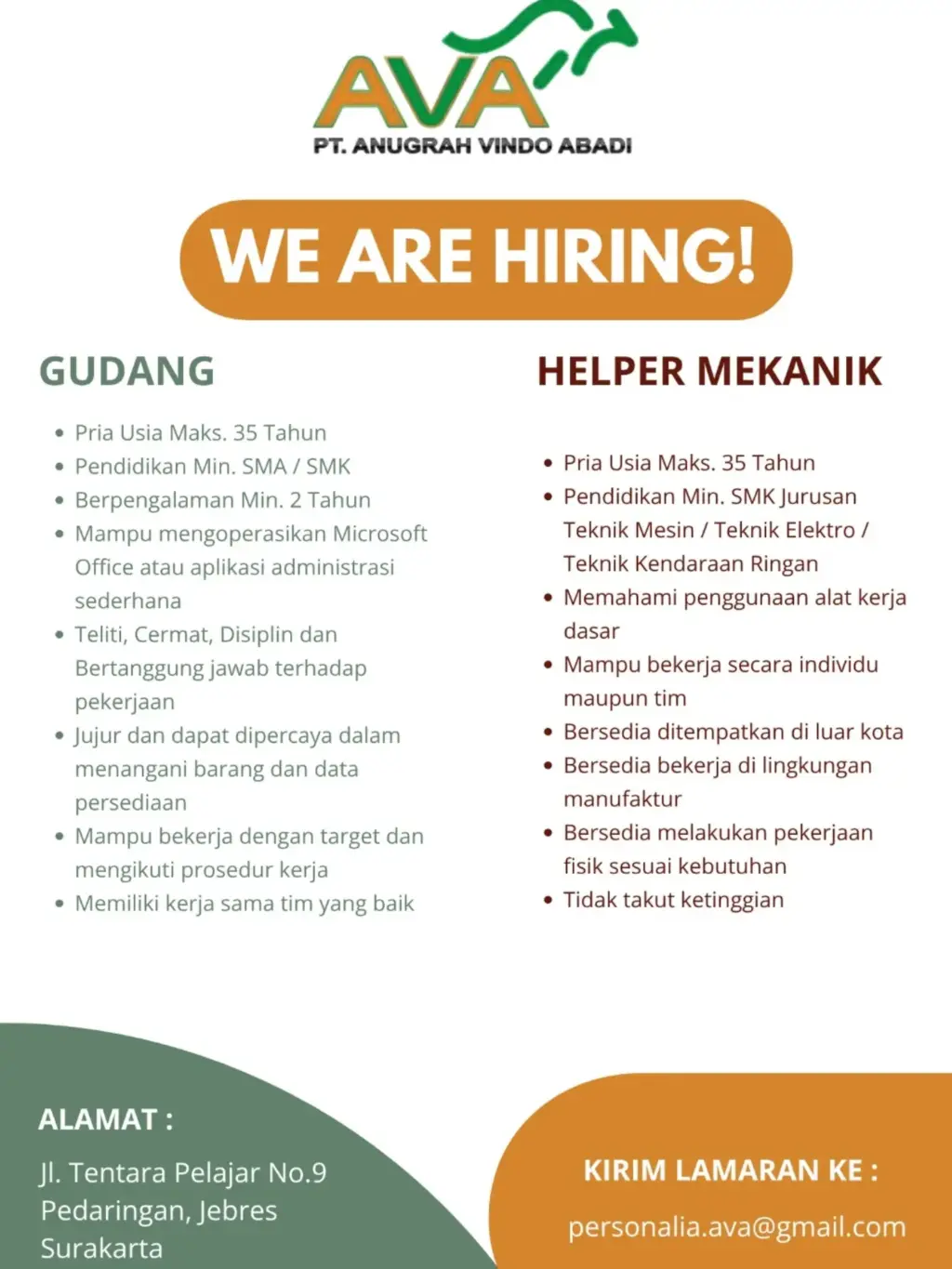 Poster Lowongan Kerja PT ANUGRAH VINDO ABADI (AVA) Slide 2