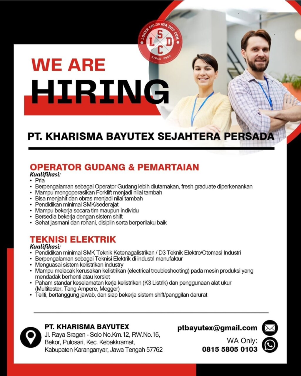 Poster Lowongan Kerja PT Kharisma Bayutex Sejahtera Persada Slide 2