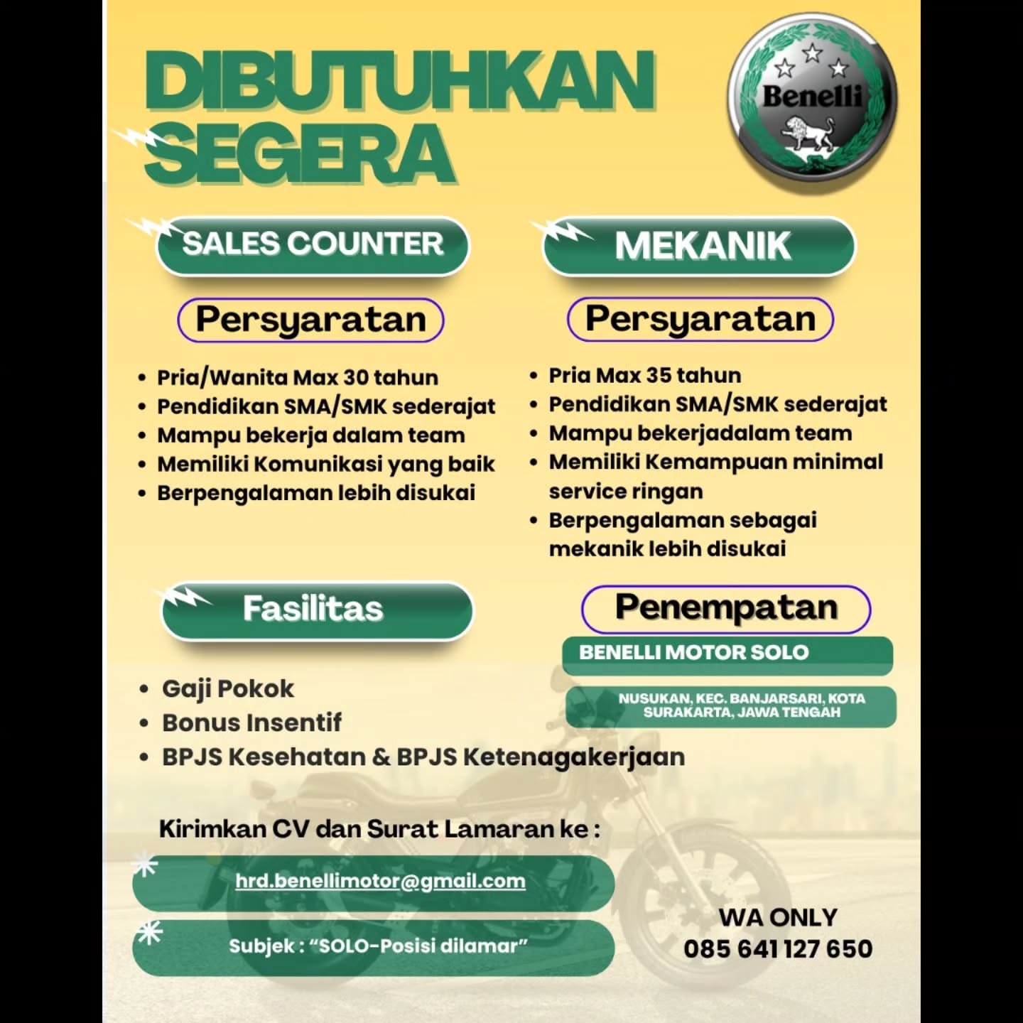 Poster Lowongan Kerja Kharisma Motor (Piaggio Vespa & Benelli Motor Solo) Slide 2