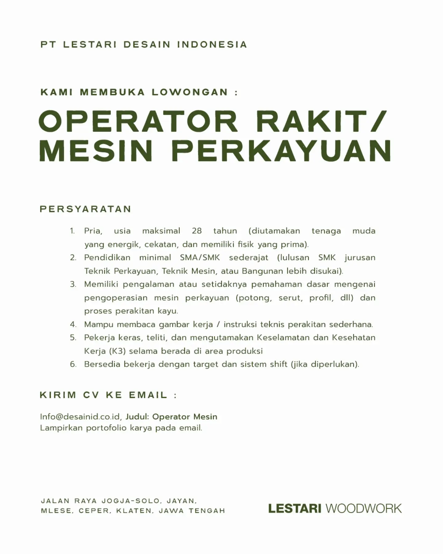 Poster Lowongan Kerja PT Lestari Desain Indonesia (Lestari Woodwork) Slide 2