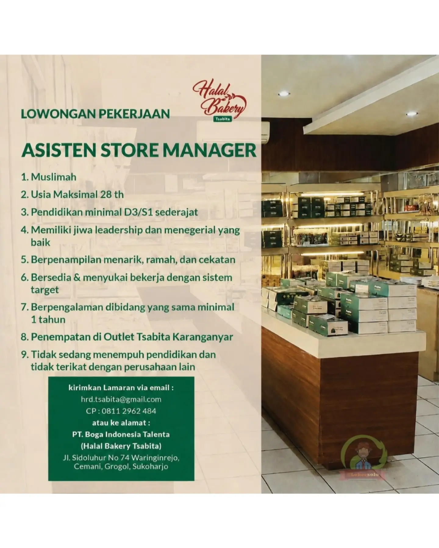 Poster Lowongan Kerja Halal Bakery Tsabita (PT. Boga Indonesia Talenta) Slide 2