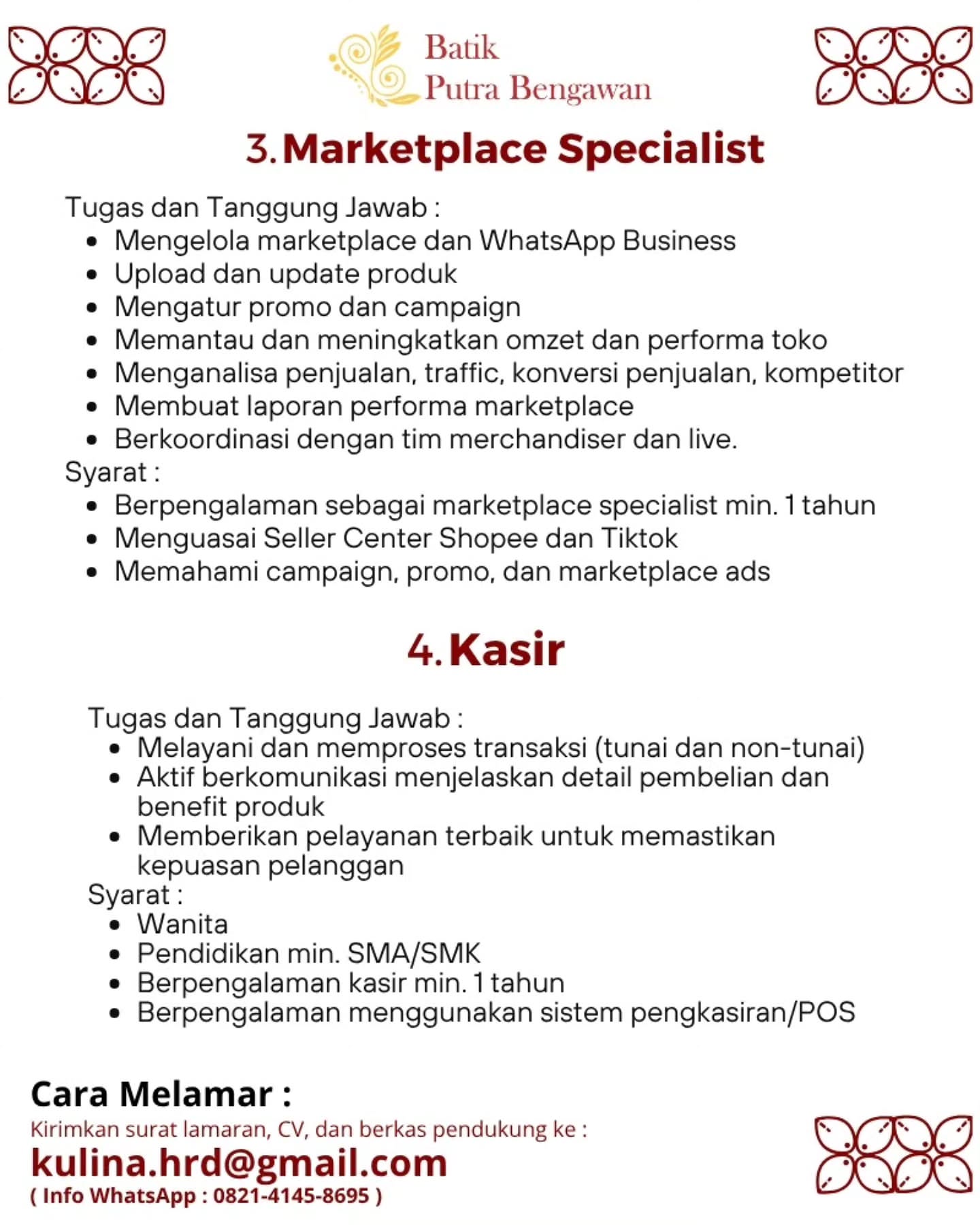 Poster Lowongan Kerja Batik Putra Bengawan Slide 3