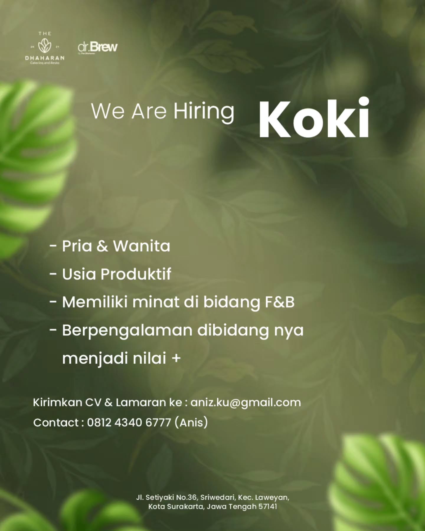 Poster Lowongan Kerja The Dhaharan Catering and Resto (dr. Brew) Slide 3