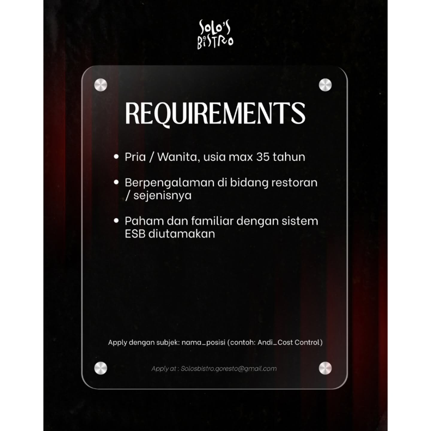 Poster Lowongan Kerja Solo's Bistro Restaurant Slide 3