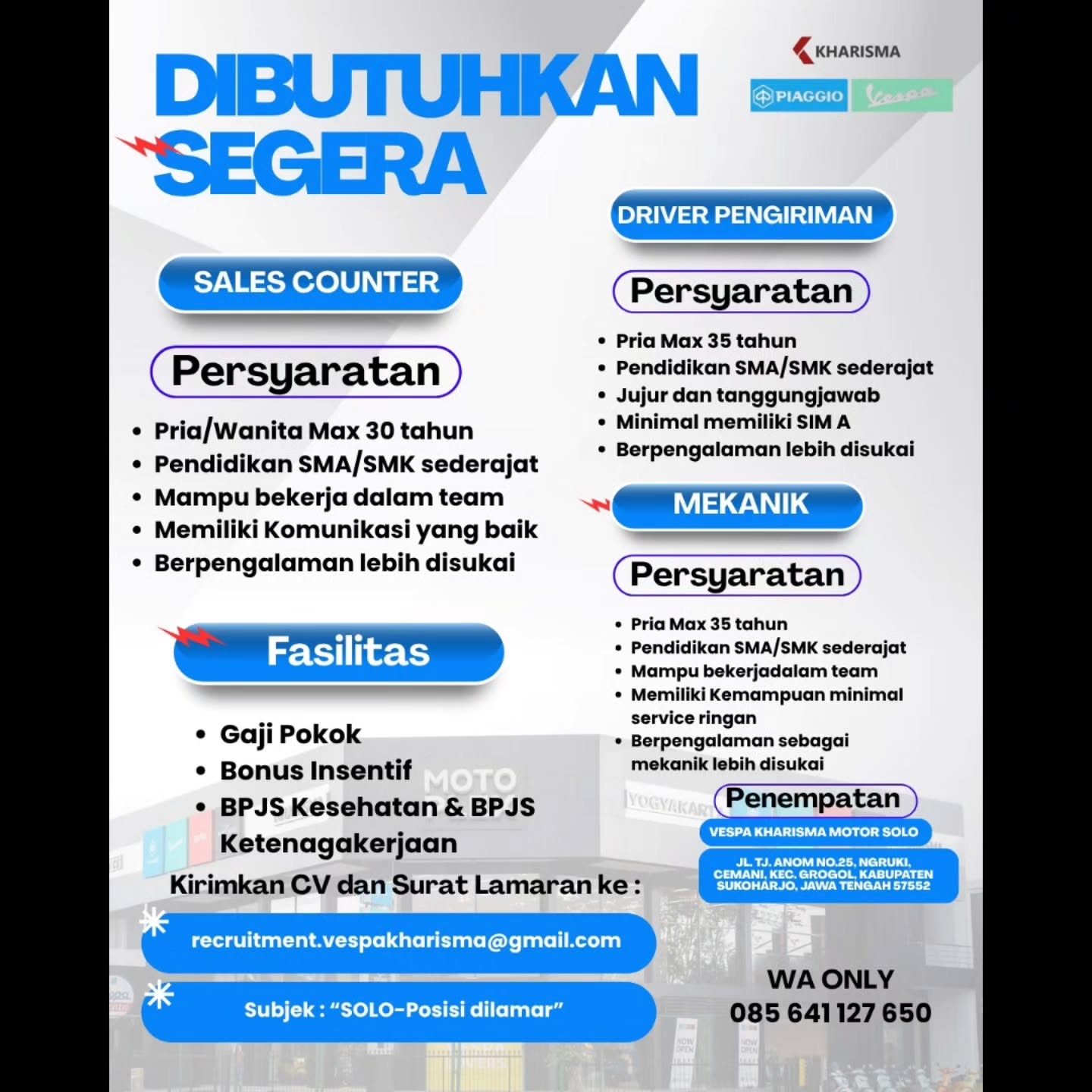 Poster Lowongan Kerja Kharisma Motor (Piaggio Vespa & Benelli Motor Solo) Slide 3