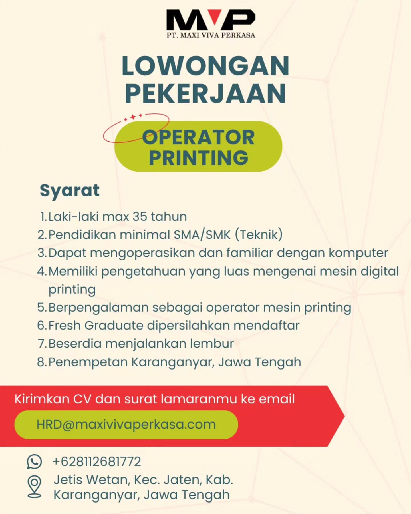 Poster Lowongan Kerja PT Maxi Viva Perkasa Slide 3