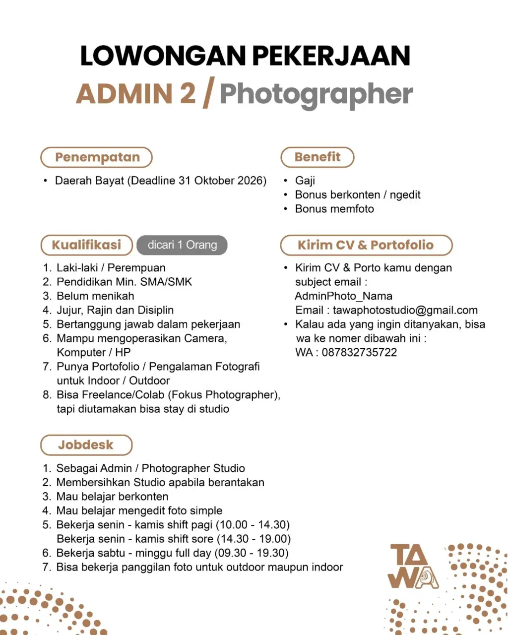 Poster Lowongan Kerja TAWA Photo Studio Slide 3