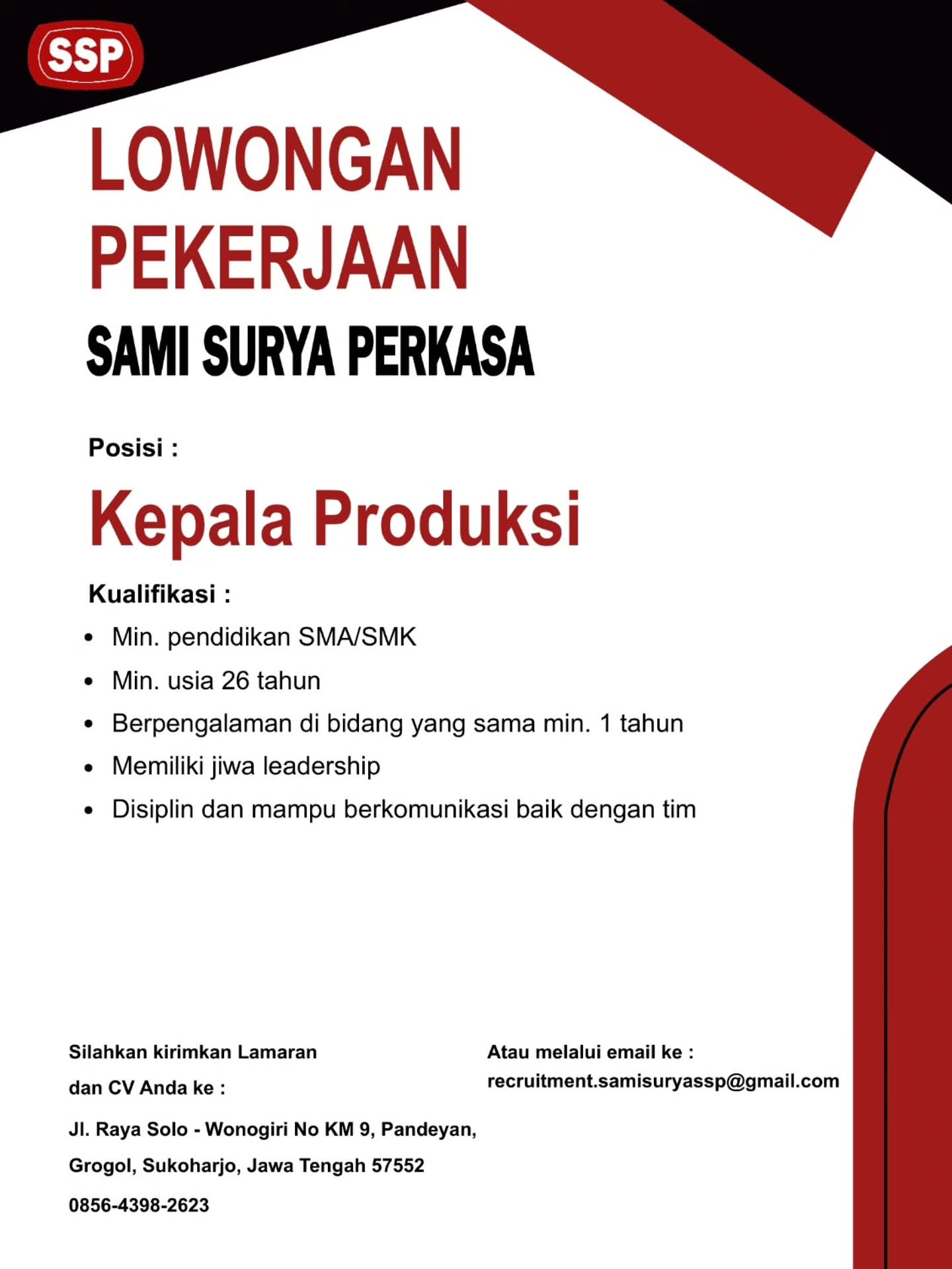 Poster Lowongan Kerja PT Sami Surya Perkasa Slide 5
