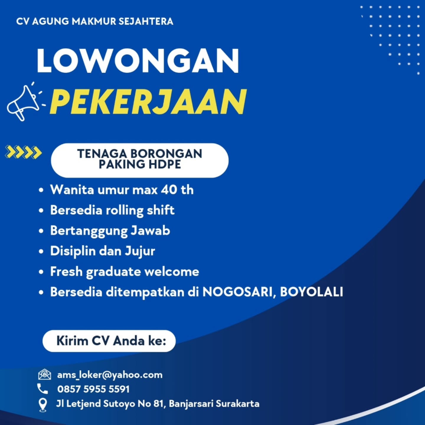 Poster Lowongan Kerja CV Agung Makmur Sejahtera Slide 5