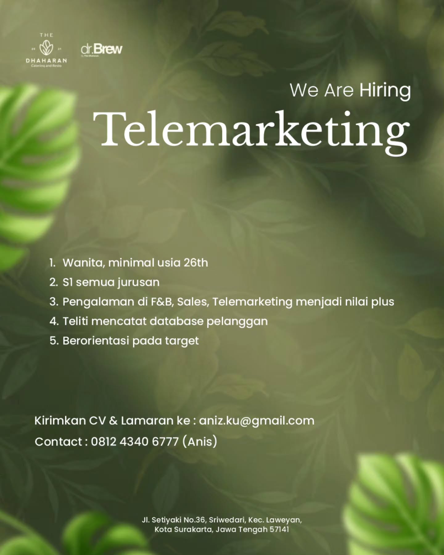 Poster Lowongan Kerja The Dhaharan Catering and Resto (dr. Brew) Slide 7