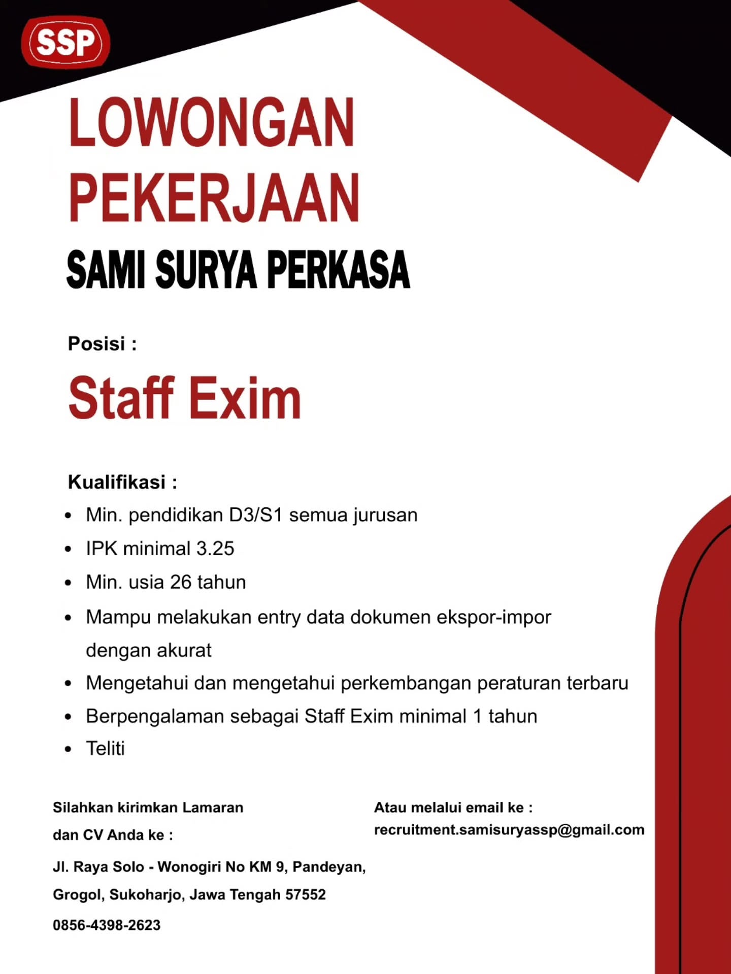 Poster Lowongan Kerja PT Sami Surya Perkasa Slide 9