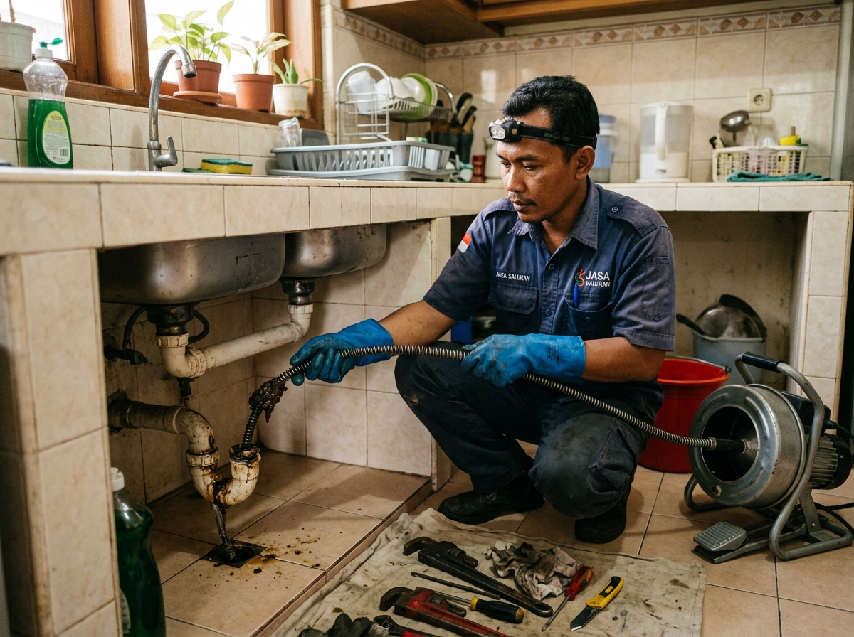 Teknisi profesional melancarkan saluran wastafel dapur tersumbat lemak dengan mesin spiral